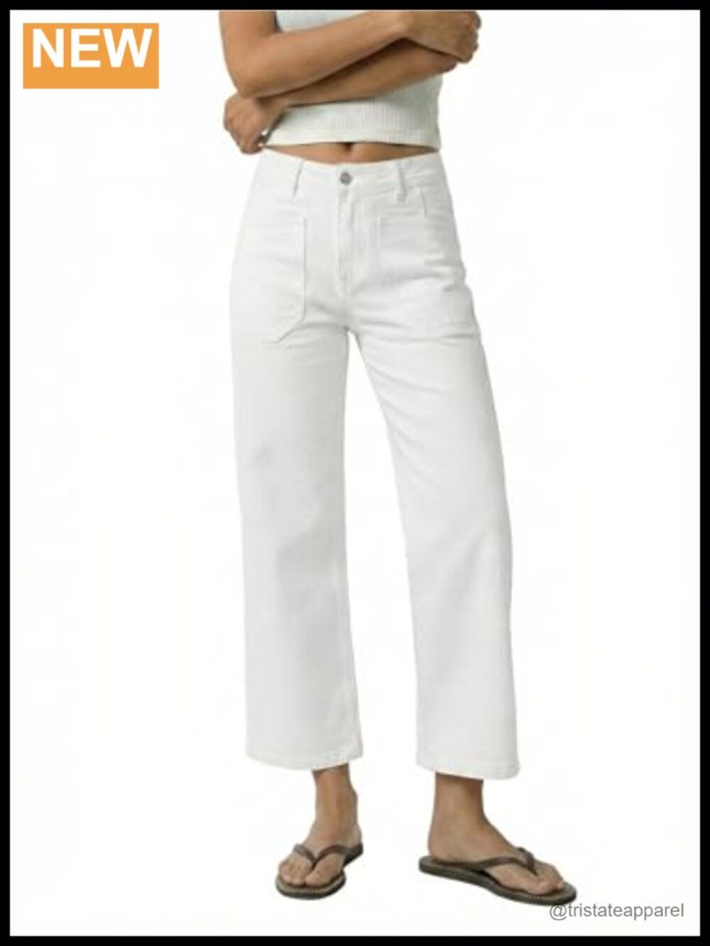 High Waisted Wide Leg Cropped Jeans with Patch Pockets Stretch Denim Baggy
